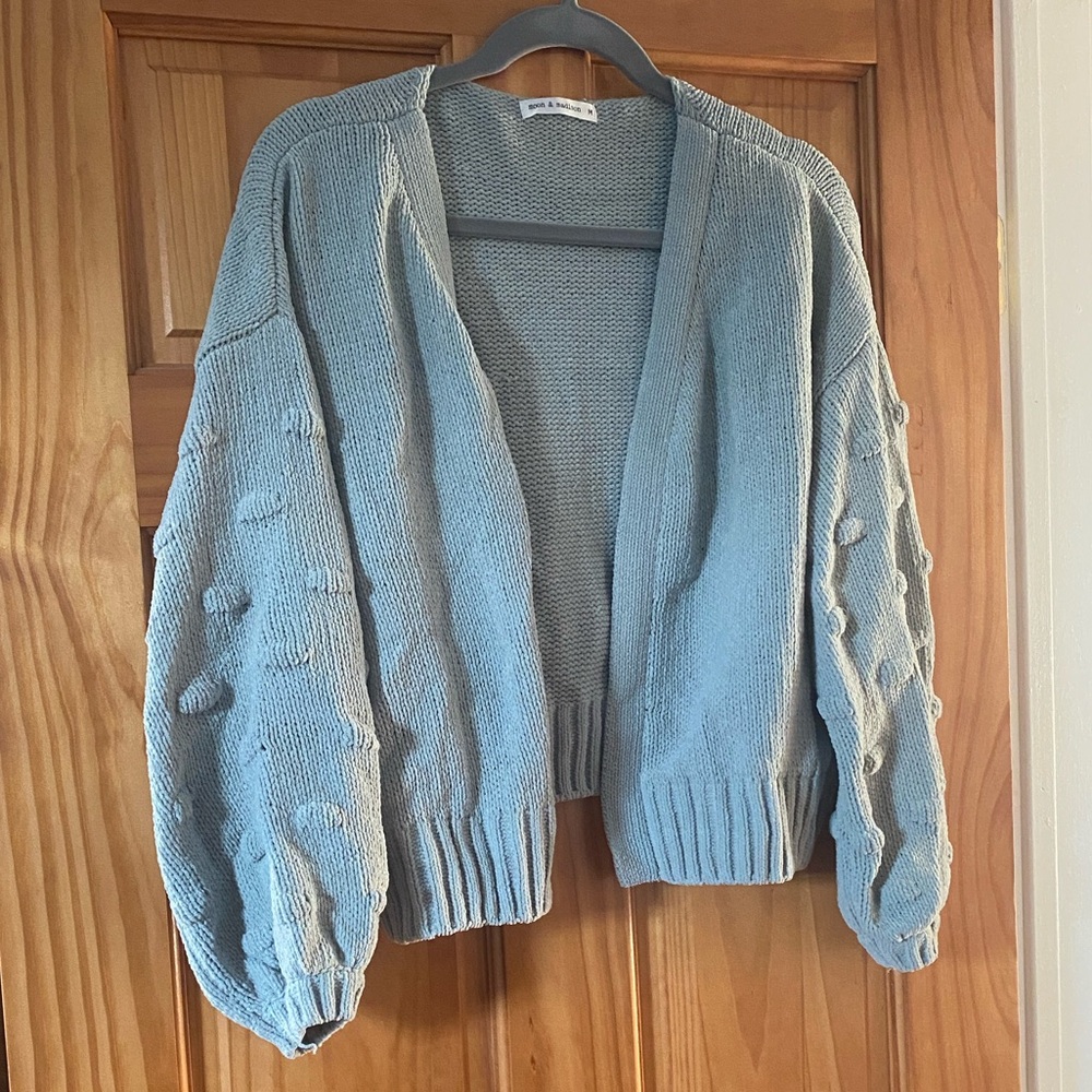 Moon & Madison Chunky Knit Cardigan Bobble Sleeve Cropped Oversized Green Size M